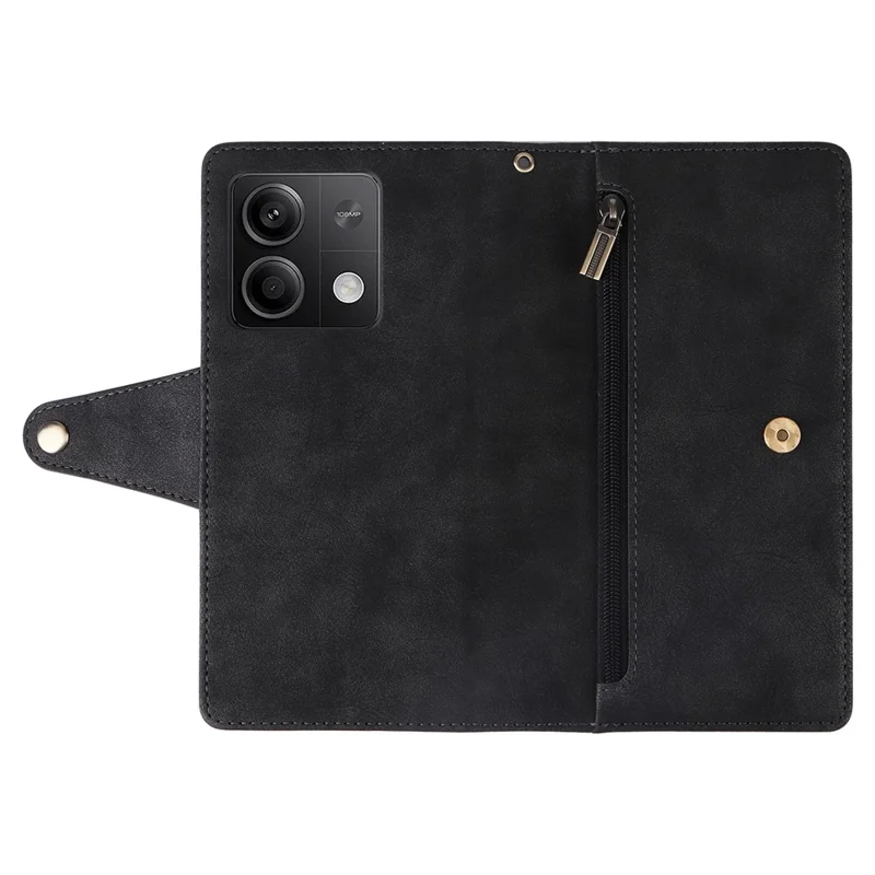 For Xiaomi Redmi Note 13 5G Leather Case Rivet Decor 9 Card Holder Slots Zipper Pocket Cover - Black