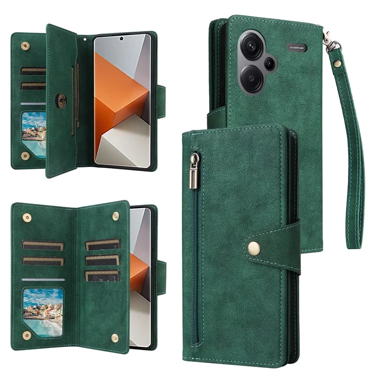 For Xiaomi Redmi Note 13 Pro+ 5G Case Rivet Decor PU Leather Wrist Strap Phone Cover - Green