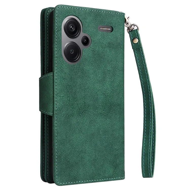 For Xiaomi Redmi Note 13 Pro+ 5G Case Rivet Decor PU Leather Wrist Strap Phone Cover - Green