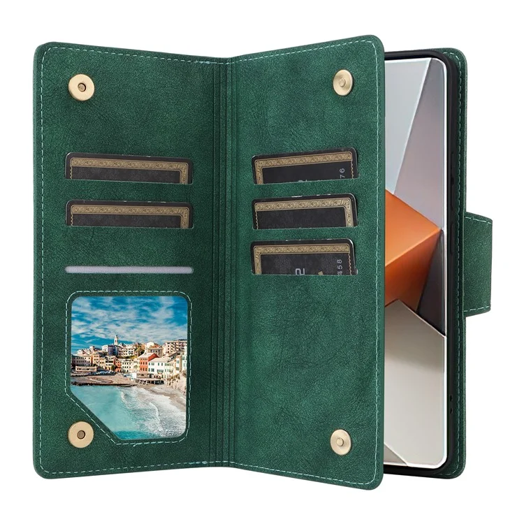 For Xiaomi Redmi Note 13 Pro+ 5G Case Rivet Decor PU Leather Wrist Strap Phone Cover - Green
