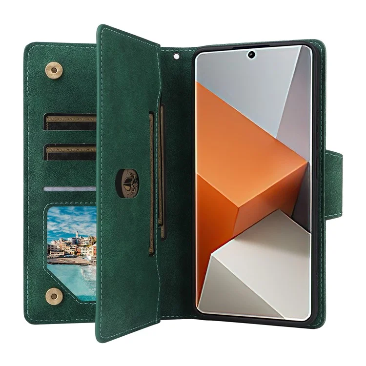 For Xiaomi Redmi Note 13 Pro+ 5G Case Rivet Decor PU Leather Wrist Strap Phone Cover - Green