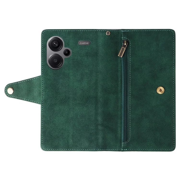 For Xiaomi Redmi Note 13 Pro+ 5G Case Rivet Decor PU Leather Wrist Strap Phone Cover - Green