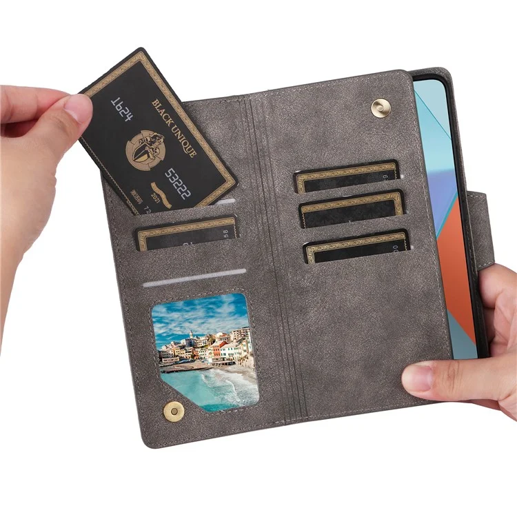 For Xiaomi Redmi Note 13 Pro 5G / Poco X6 5G Zipper Case PU Leather Stand Flip Phone Cover - Grey