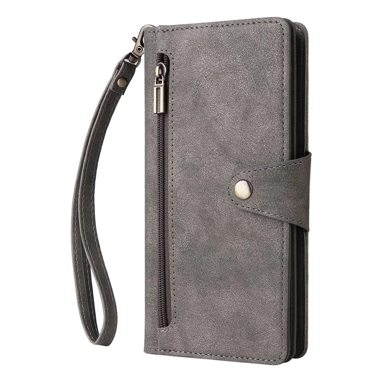 For Xiaomi Redmi Note 13 Pro 5G / Poco X6 5G Zipper Case PU Leather Stand Flip Phone Cover - Grey