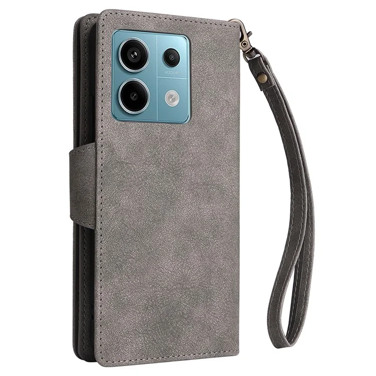 For Xiaomi Redmi Note 13 Pro 5G / Poco X6 5G Zipper Case PU Leather Stand Flip Phone Cover - Grey