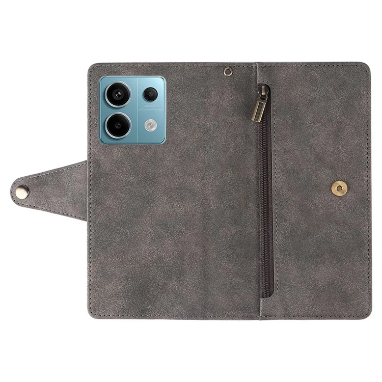For Xiaomi Redmi Note 13 Pro 5G / Poco X6 5G Zipper Case PU Leather Stand Flip Phone Cover - Grey