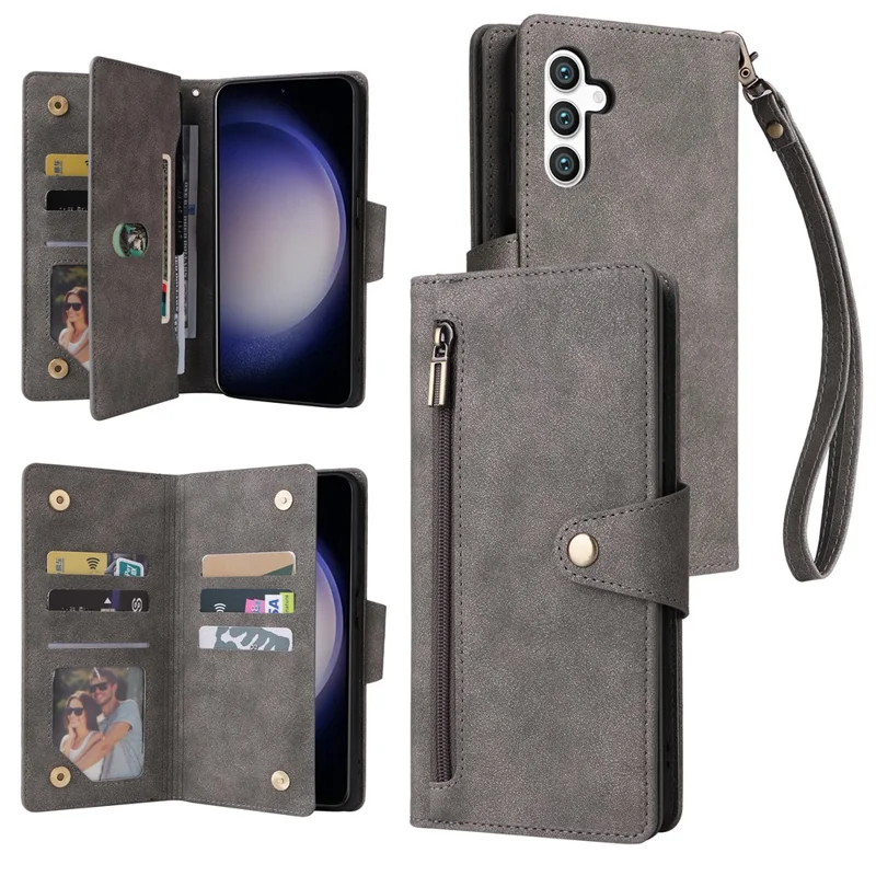 For Samsung Galaxy S24+ Case Zipper Pocket Folio PU Leather Wallet Phone Cover - Grey
