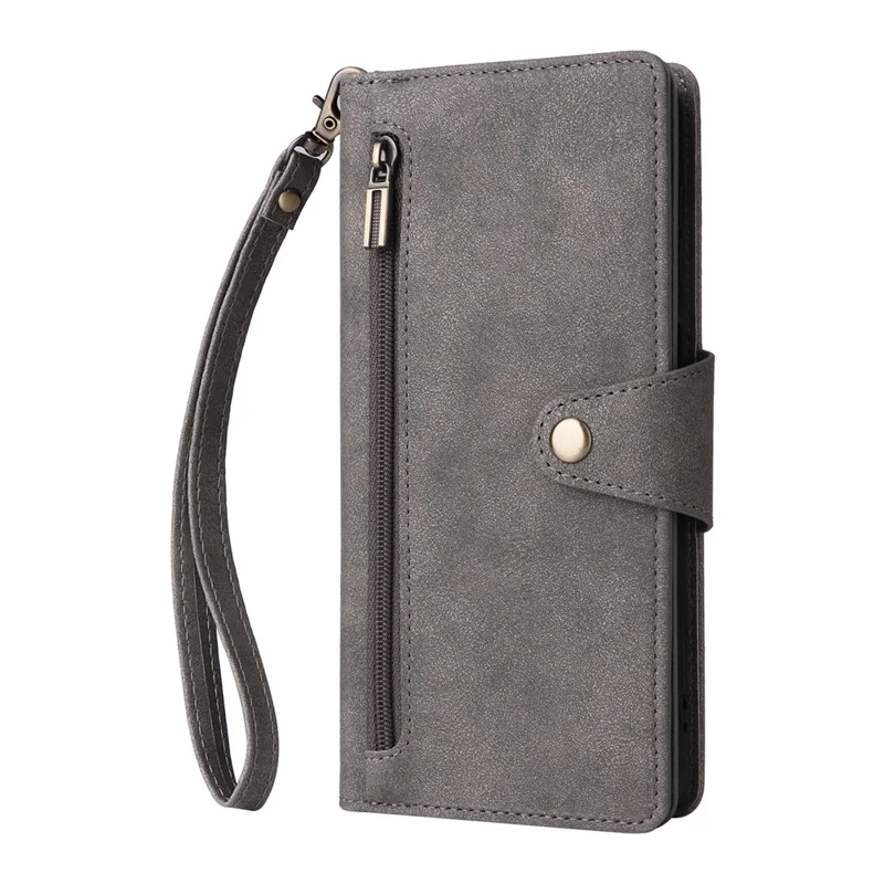 For Samsung Galaxy S24+ Case Zipper Pocket Folio PU Leather Wallet Phone Cover - Grey