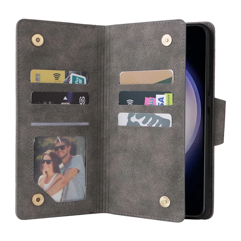 For Samsung Galaxy S24+ Case Zipper Pocket Folio PU Leather Wallet Phone Cover - Grey