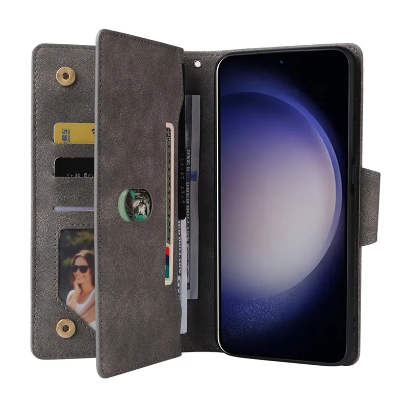 For Samsung Galaxy S24+ Case Zipper Pocket Folio PU Leather Wallet Phone Cover - Grey