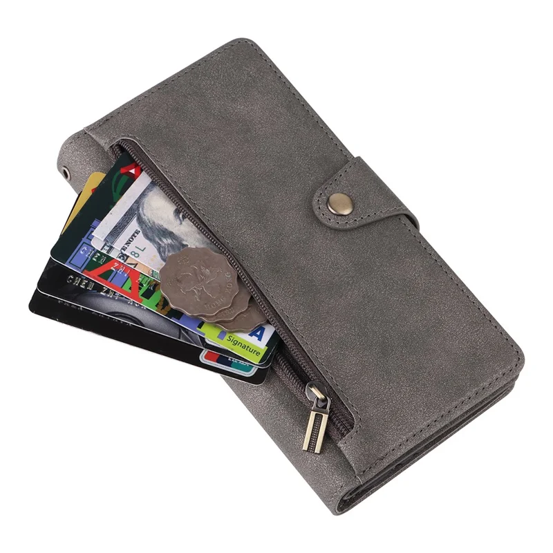 For Samsung Galaxy S24+ Case Zipper Pocket Folio PU Leather Wallet Phone Cover - Grey