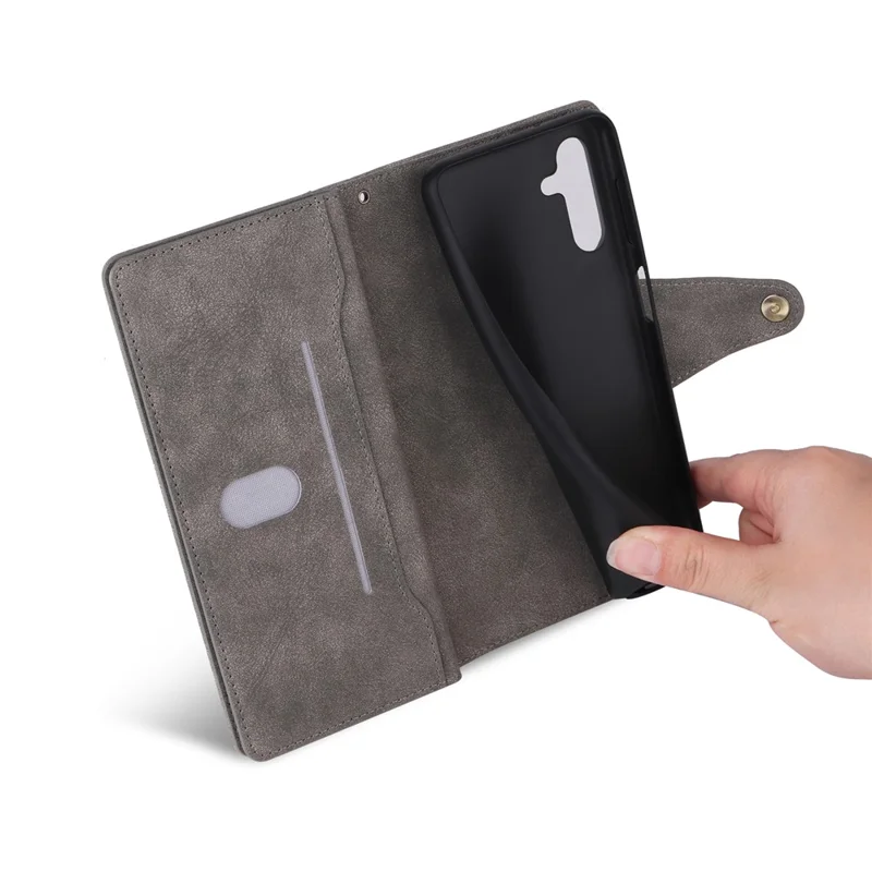 For Samsung Galaxy S24+ Case Zipper Pocket Folio PU Leather Wallet Phone Cover - Grey