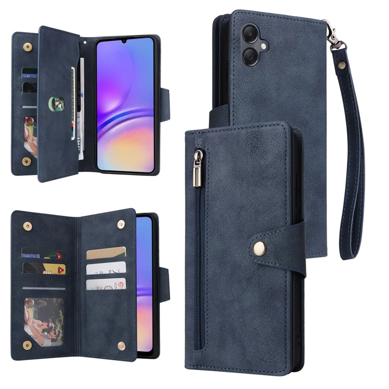 For Samsung Galaxy A05 4G Leather Case Wallet Zipper Pocket Phone Cover Rivet Decor - Blue