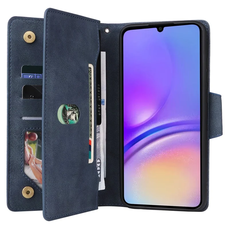 For Samsung Galaxy A05 4G Leather Case Wallet Zipper Pocket Phone Cover Rivet Decor - Blue