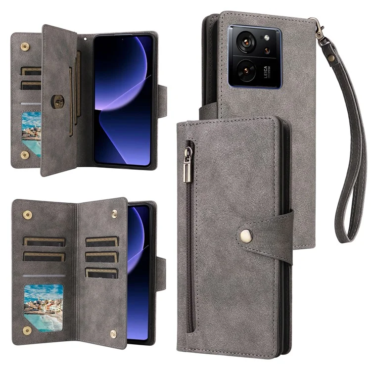 Für Xiaomi 13T / 13T Pro / Redmi K60 Ultra Hülle Reißverschlusstasche PU-Leder Handyhülle mit Handschlaufe - Grau