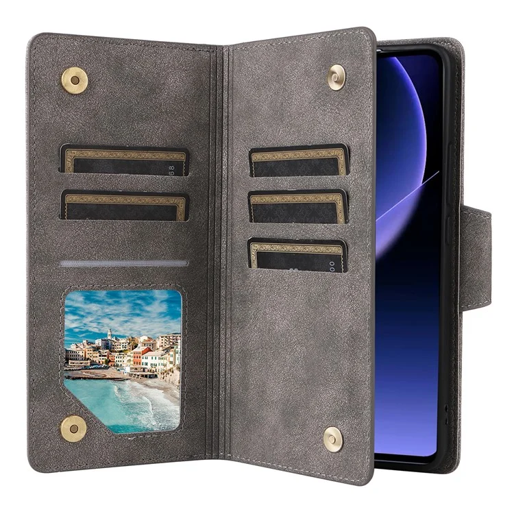 Für Xiaomi 13T / 13T Pro / Redmi K60 Ultra Hülle Reißverschlusstasche PU-Leder Handyhülle mit Handschlaufe - Grau