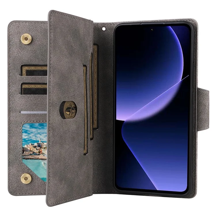 Für Xiaomi 13T / 13T Pro / Redmi K60 Ultra Hülle Reißverschlusstasche PU-Leder Handyhülle mit Handschlaufe - Grau
