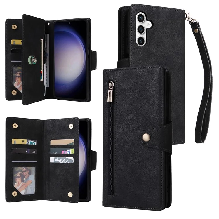 Per Samsung Galaxy S23 FE Case PU Leather Rivet Decor Wallet Phone Cover - Nero