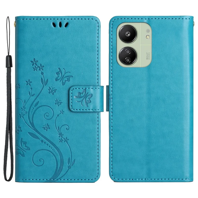 For Xiaomi Redmi 13C 4G / 5G / 13R 5G / Poco M6 5G / Poco C65 4G Leather Case Butterfly Phone Wallet Cover - Blue