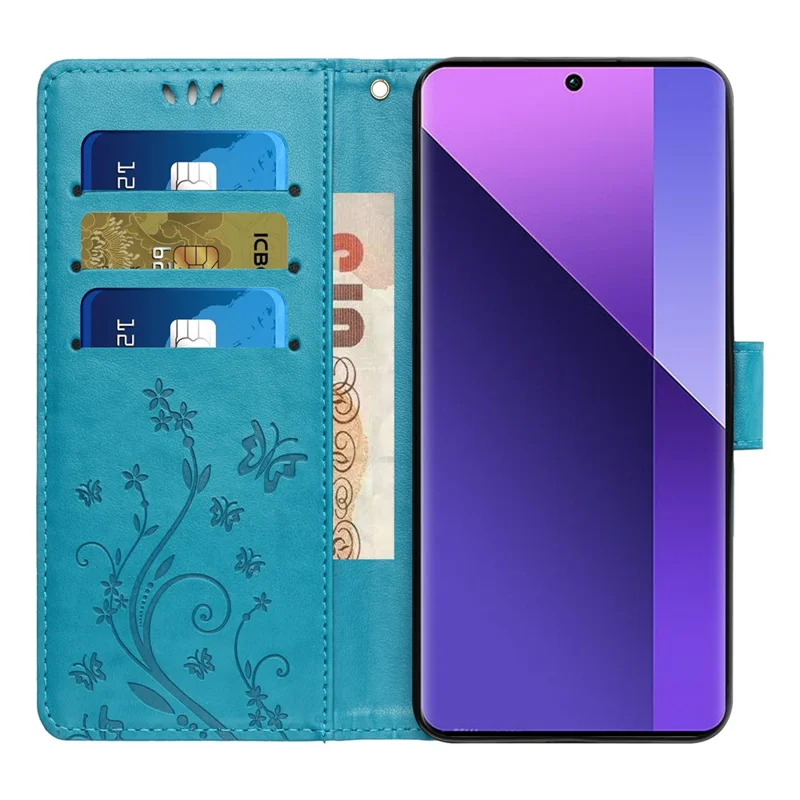 For Xiaomi Redmi 13C 4G / 5G / 13R 5G / Poco M6 5G / Poco C65 4G Leather Case Butterfly Phone Wallet Cover - Blue