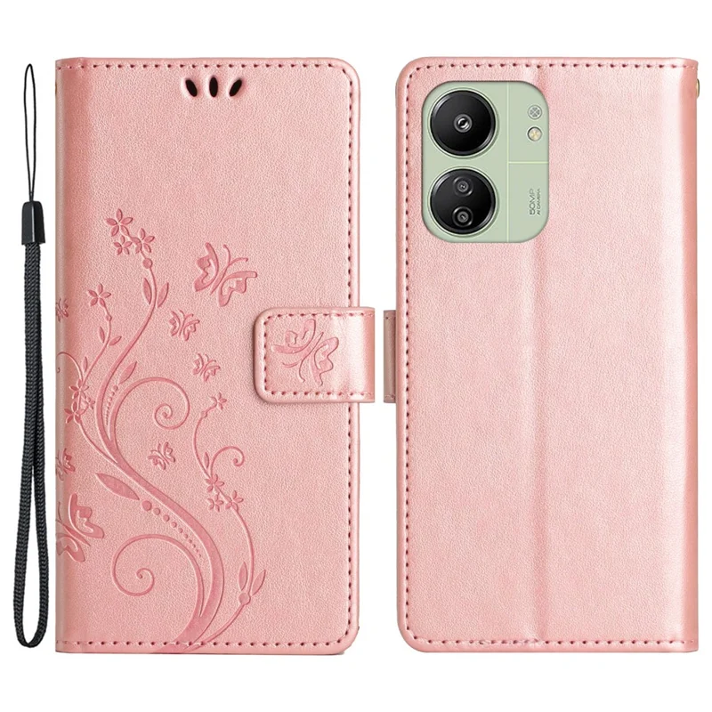 For Xiaomi Redmi 13C 4G / 5G / 13R 5G / Poco M6 5G / Poco C65 4G Leather Case Butterfly Phone Wallet Cover - Rose Gold