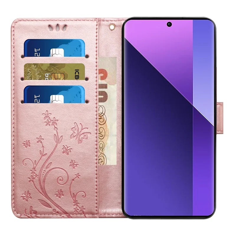 For Xiaomi Redmi 13C 4G / 5G / 13R 5G / Poco M6 5G / Poco C65 4G Leather Case Butterfly Phone Wallet Cover - Rose Gold