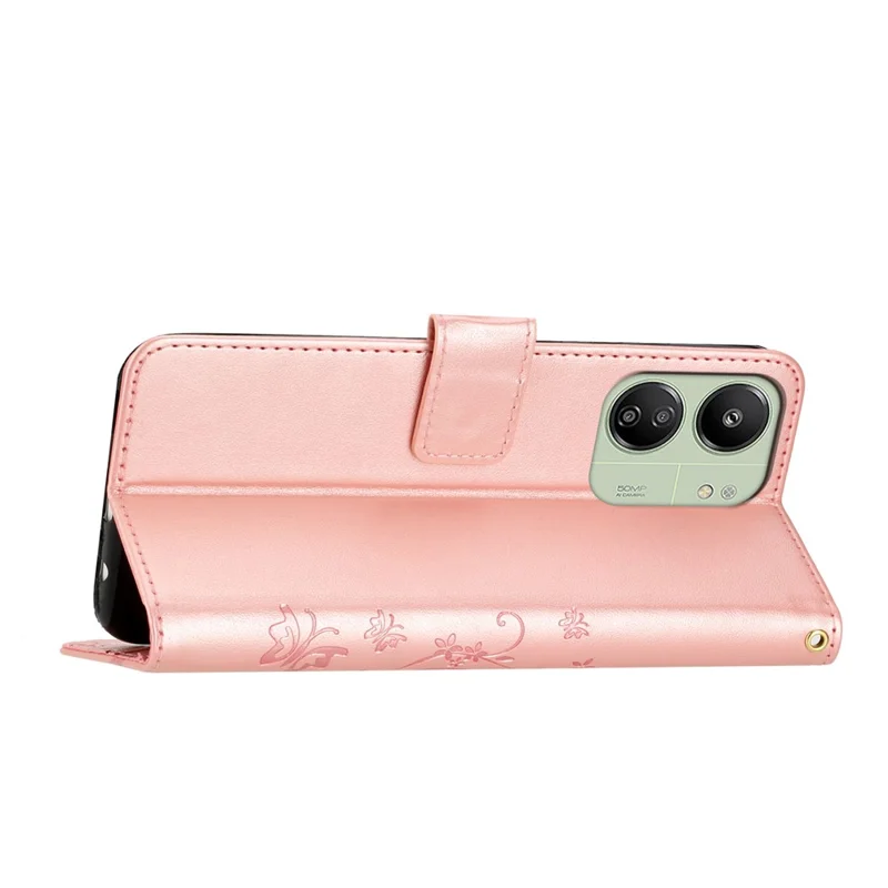 For Xiaomi Redmi 13C 4G / 5G / 13R 5G / Poco M6 5G / Poco C65 4G Leather Case Butterfly Phone Wallet Cover - Rose Gold