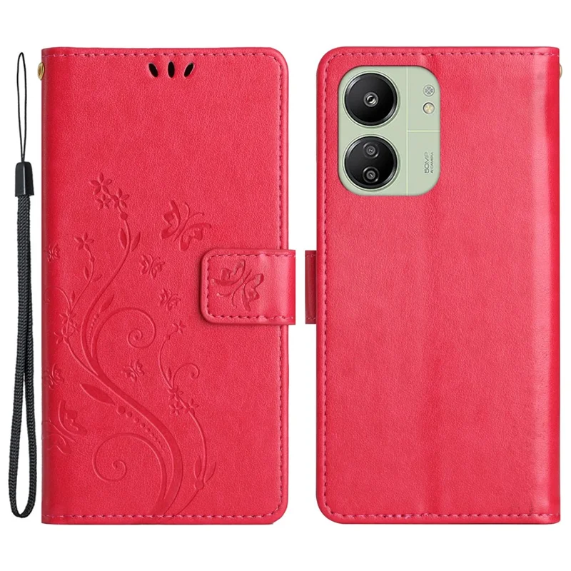 Per Xiaomi Redmi 13C 4G / 5G / 13R 5G / Poco M6 5G / Poco C65 4G Custodia in Pelle Portafoglio Copertina del Telefono a Farfalla - Rosso