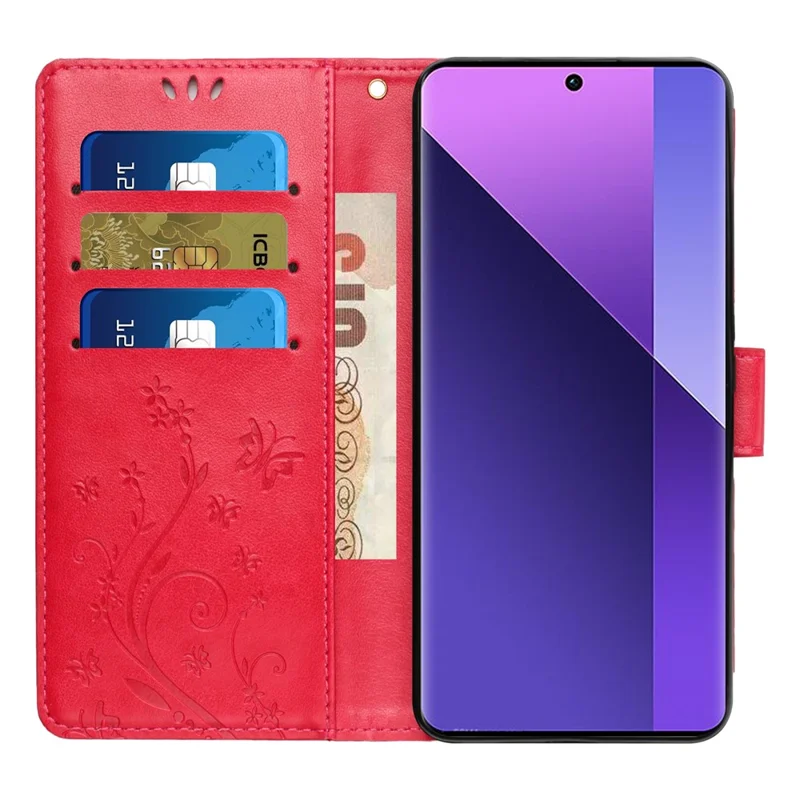 Per Xiaomi Redmi 13C 4G / 5G / 13R 5G / Poco M6 5G / Poco C65 4G Custodia in Pelle Portafoglio Copertina del Telefono a Farfalla - Rosso