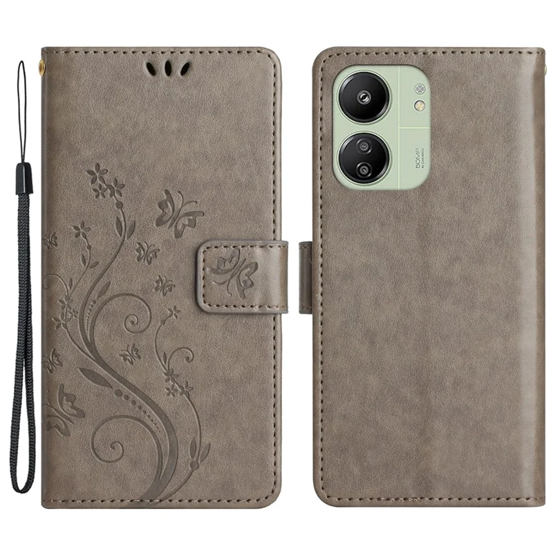 For Xiaomi Redmi 13C 4G / 5G / 13R 5G / Poco M6 5G / Poco C65 4G Leather Case Butterfly Phone Wallet Cover - Grey