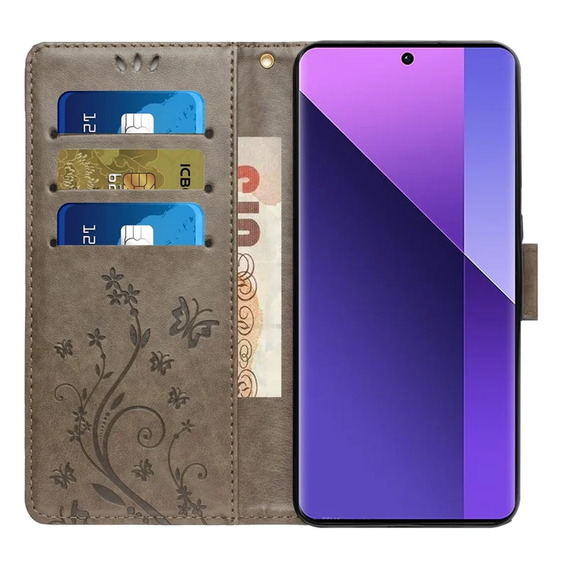 For Xiaomi Redmi 13C 4G / 5G / 13R 5G / Poco M6 5G / Poco C65 4G Leather Case Butterfly Phone Wallet Cover - Grey