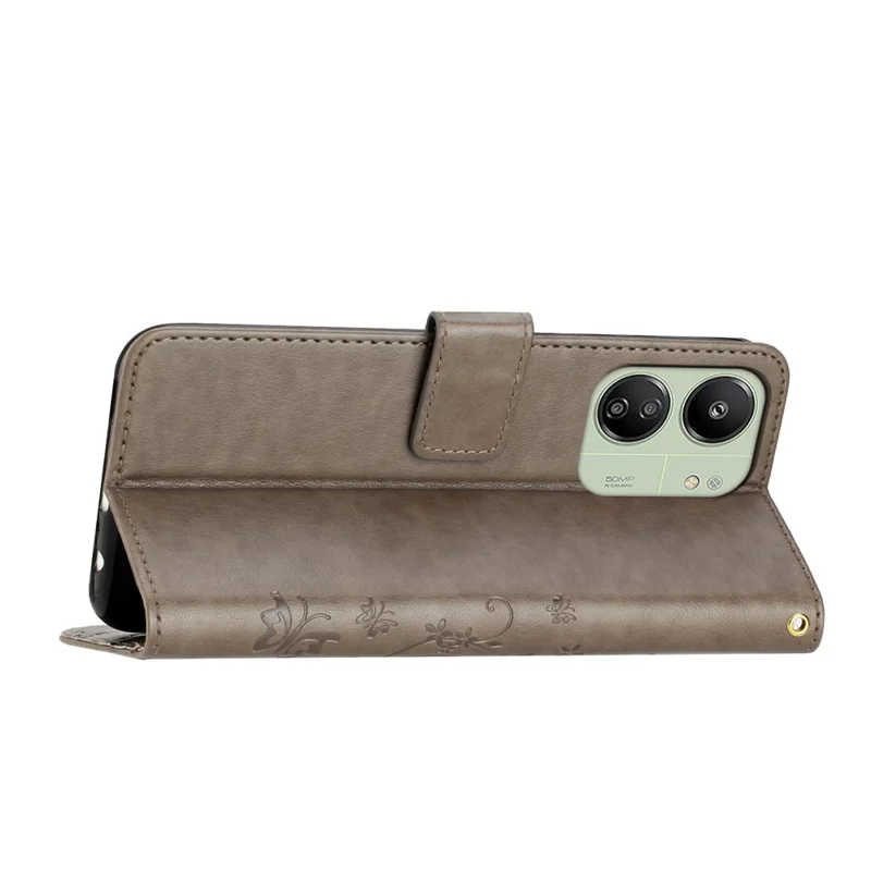 For Xiaomi Redmi 13C 4G / 5G / 13R 5G / Poco M6 5G / Poco C65 4G Leather Case Butterfly Phone Wallet Cover - Grey