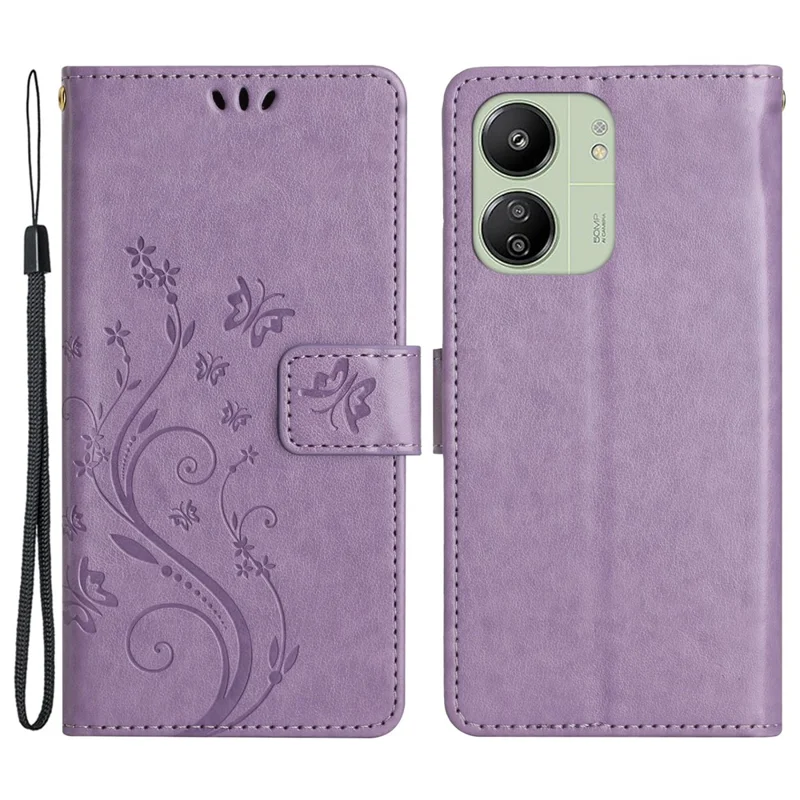 For Xiaomi Redmi 13C 4G / 5G / 13R 5G / Poco M6 5G / Poco C65 4G Leather Case Butterfly Phone Wallet Cover - Light Purple