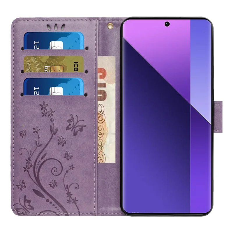 For Xiaomi Redmi 13C 4G / 5G / 13R 5G / Poco M6 5G / Poco C65 4G Leather Case Butterfly Phone Wallet Cover - Light Purple