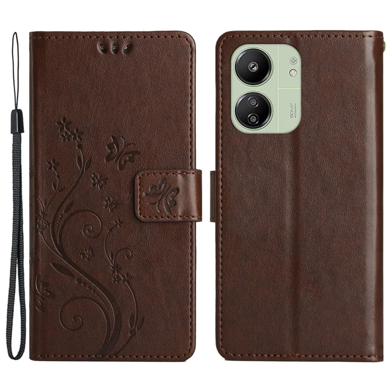 For Xiaomi Redmi 13C 4G / 5G / 13R 5G / Poco M6 5G / Poco C65 4G Leather Case Butterfly Phone Wallet Cover - Brown