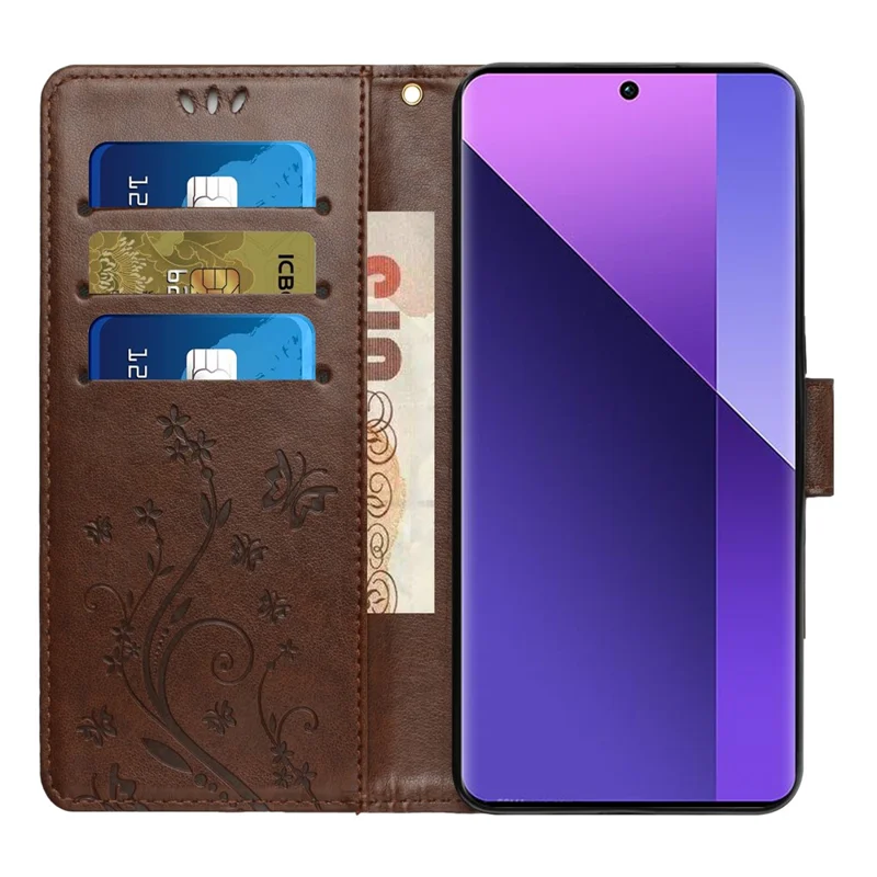 For Xiaomi Redmi 13C 4G / 5G / 13R 5G / Poco M6 5G / Poco C65 4G Leather Case Butterfly Phone Wallet Cover - Brown
