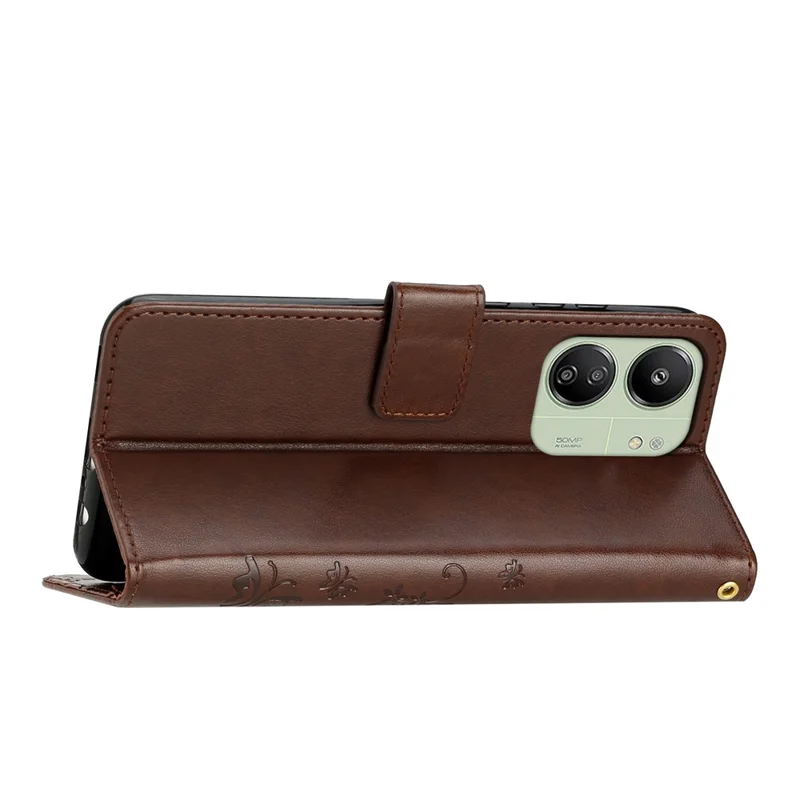 For Xiaomi Redmi 13C 4G / 5G / 13R 5G / Poco M6 5G / Poco C65 4G Leather Case Butterfly Phone Wallet Cover - Brown