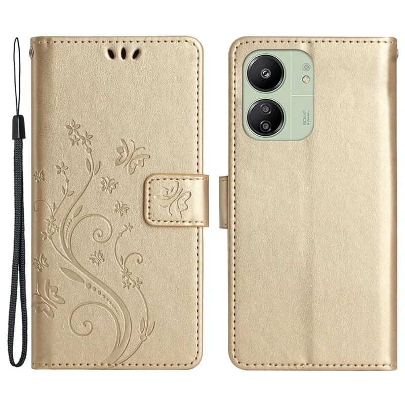 For Xiaomi Redmi 13C 4G / 5G / 13R 5G / Poco M6 5G / Poco C65 4G Leather Case Butterfly Phone Wallet Cover - Gold