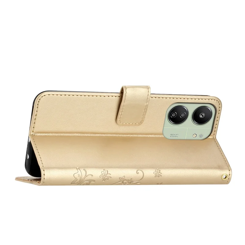 For Xiaomi Redmi 13C 4G / 5G / 13R 5G / Poco M6 5G / Poco C65 4G Leather Case Butterfly Phone Wallet Cover - Gold