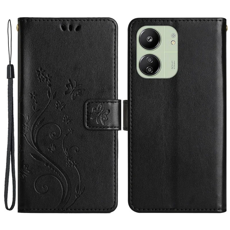 For Xiaomi Redmi 13C 4G / 5G / 13R 5G / Poco M6 5G / Poco C65 4G Leather Case Butterfly Phone Wallet Cover - Black
