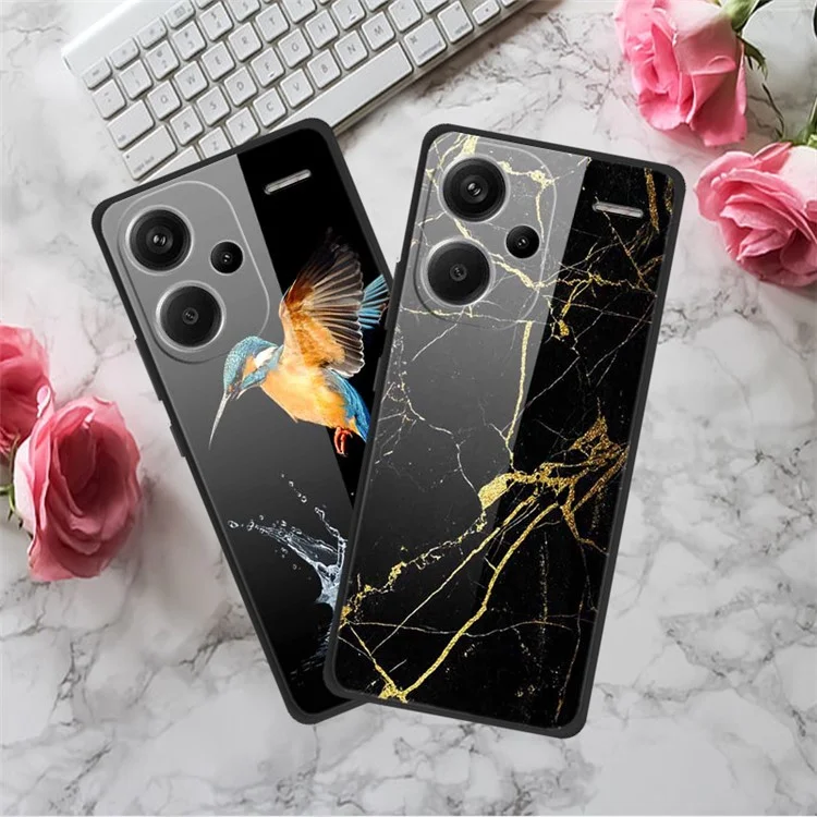 For Xiaomi Redmi Note 13 Pro+ 5G Cell Phone Case PC+Tempered Glass+TPU Pattern Printing Shell - Platinum Black Grain