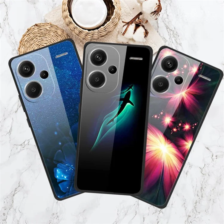 For Xiaomi Redmi Note 13 Pro+ 5G Cell Phone Case PC+Tempered Glass+TPU Pattern Printing Shell - Platinum Black Grain
