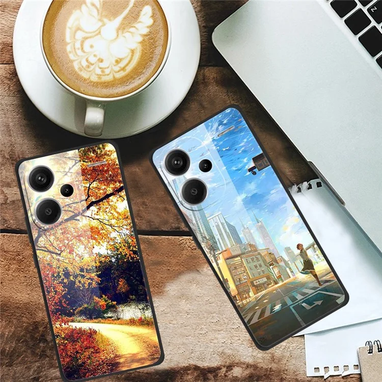 For Xiaomi Redmi Note 13 Pro+ 5G Cell Phone Case PC+Tempered Glass+TPU Pattern Printing Shell - Platinum Black Grain
