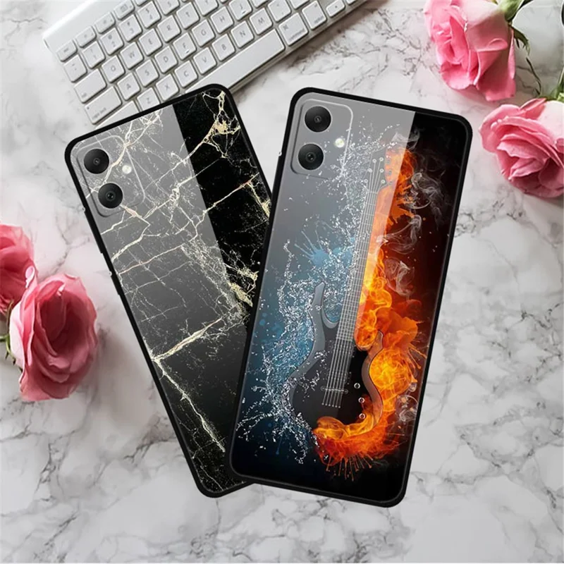 For Samsung Galaxy A05 4G Case PC+Tempered Glass+TPU Bump Proof Phone Cover - Platinum Black Grain