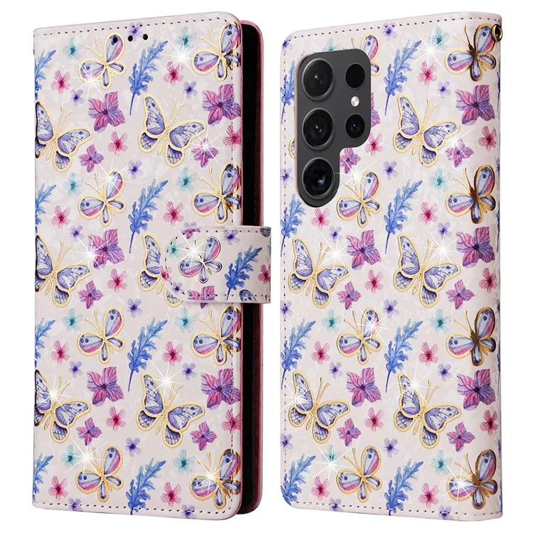 Pour Samsung Galaxy S24 Ultra Laqué Fleur Cuir Portefeuille Téléphone Couverture - Papillon Fleur