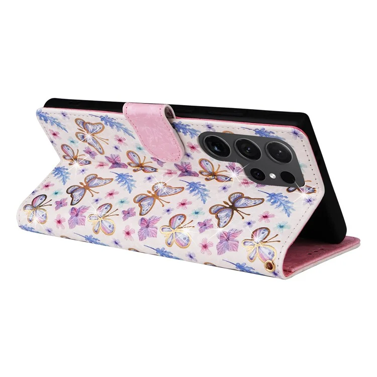 Pour Samsung Galaxy S24 Ultra Laqué Fleur Cuir Portefeuille Téléphone Couverture - Papillon Fleur