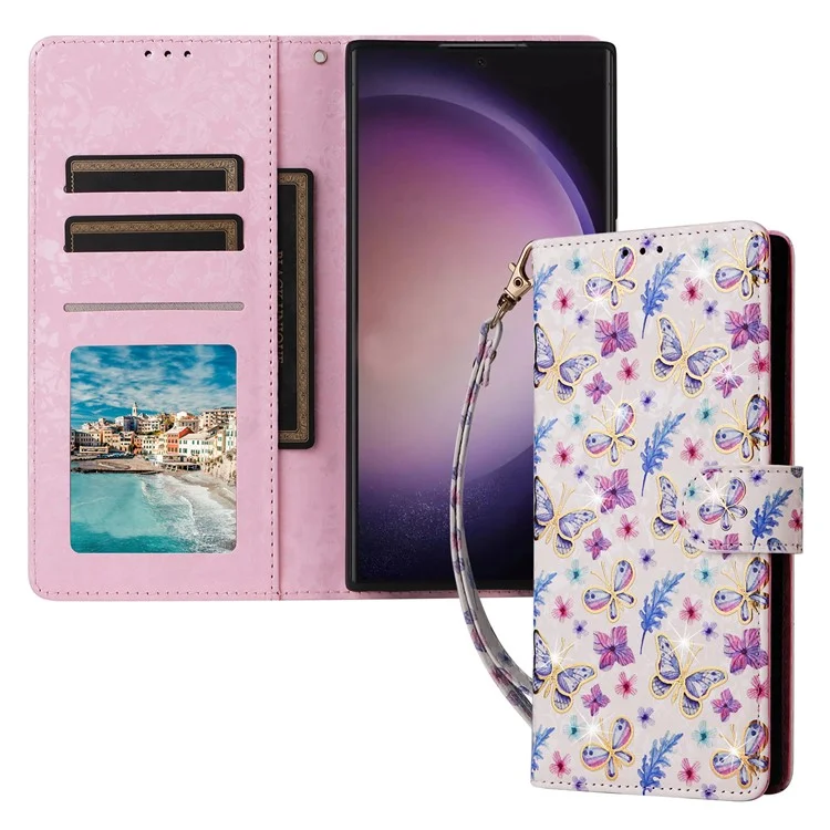 Pour Samsung Galaxy S24 Ultra Laqué Fleur Cuir Portefeuille Téléphone Couverture - Papillon Fleur