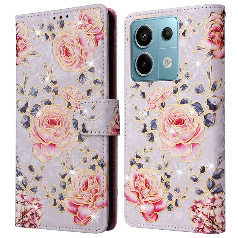 For Xiaomi Redmi Note 13 Pro 5G / Poco X6 5G Case Lacquered Flower Leather Wallet Phone Cover - Rose Flower