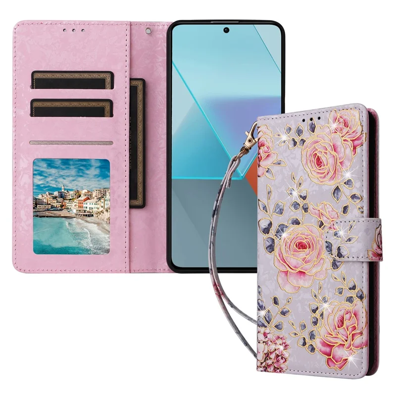 For Xiaomi Redmi Note 13 Pro 5G / Poco X6 5G Case Lacquered Flower Leather Wallet Phone Cover - Rose Flower
