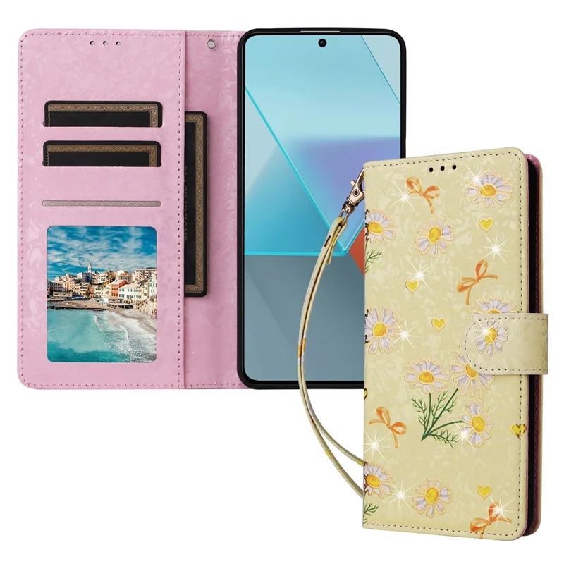 For Xiaomi Redmi Note 13 Pro 5G / Poco X6 5G Case Lacquered Flower Leather Wallet Phone Cover - Yellow Daisy